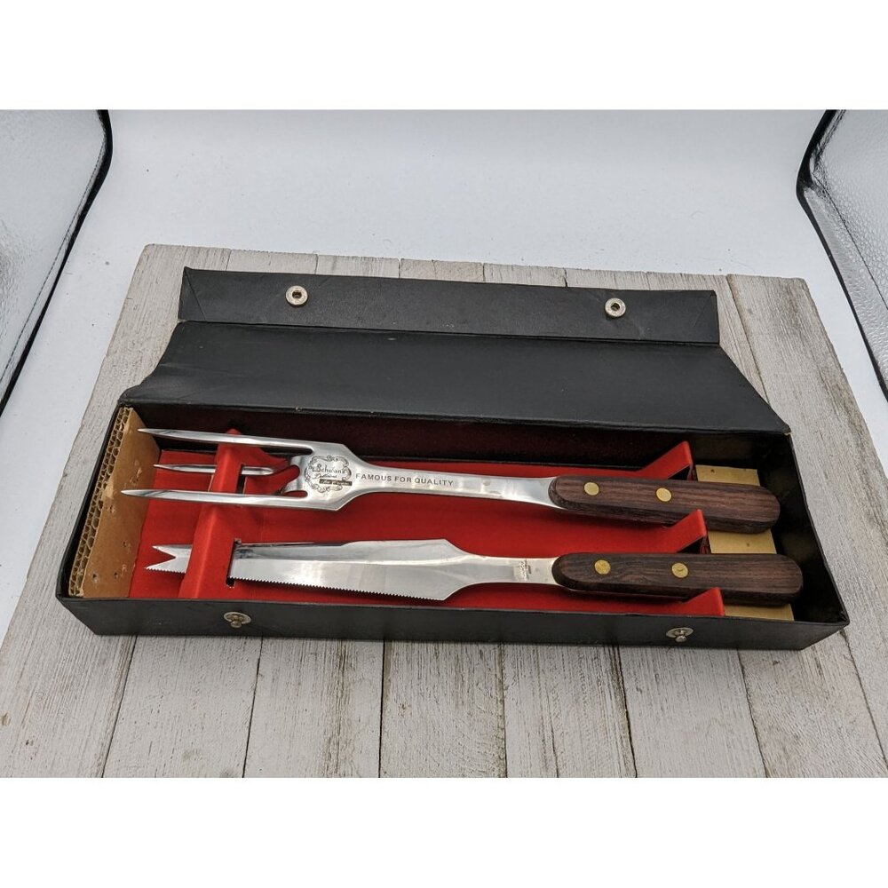 Vintage Warco Schwans Set of 2 Carving Knife Meat Fork Stainless Steel in Box